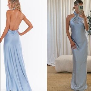 Jasmine Halter Maxi Dress - Steel Blue Luxe Satin